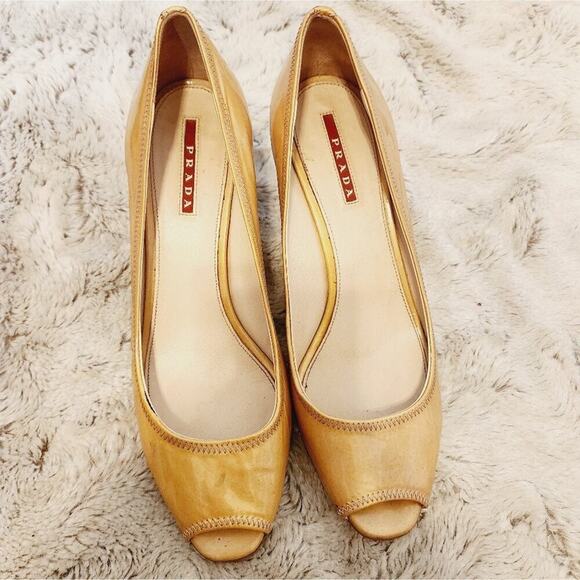 PRADA YELLOW PEEP TOE LEATHER PUMP SIZE 39 6.5 - Picture 3 of 12